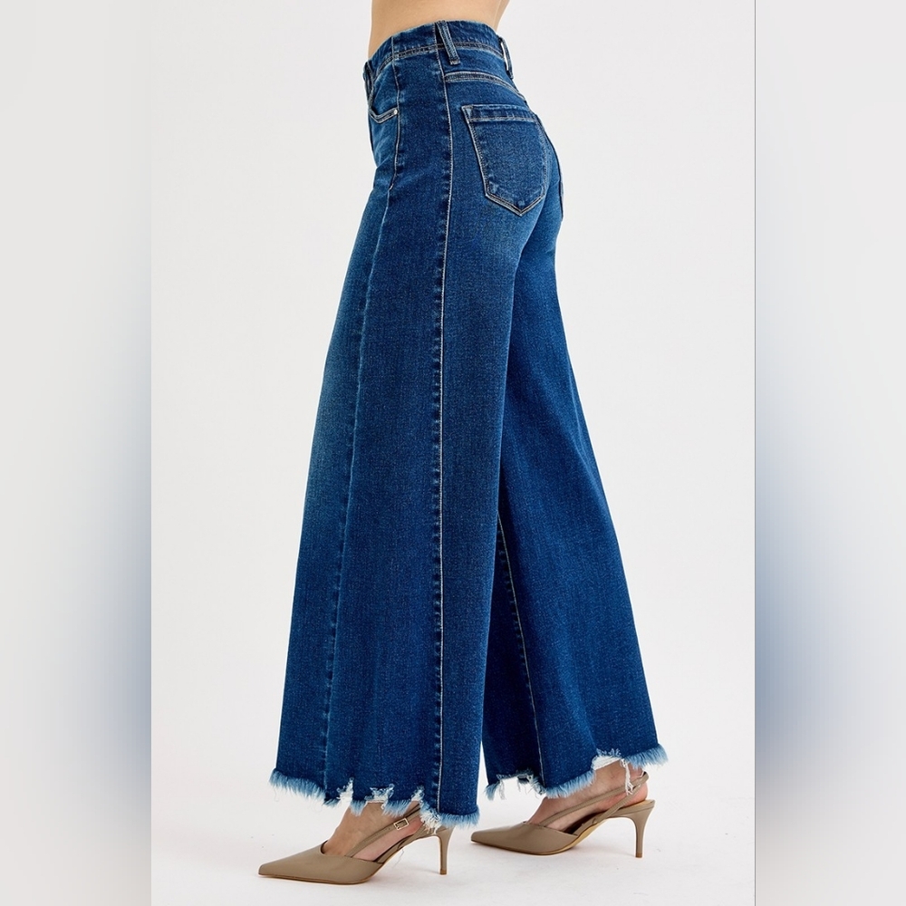 Risen High Rise Ultra Wide Leg Ankle Jeans Raw Frayed Hem Denim Relaxed Fit Pant - Picture 3 of 16